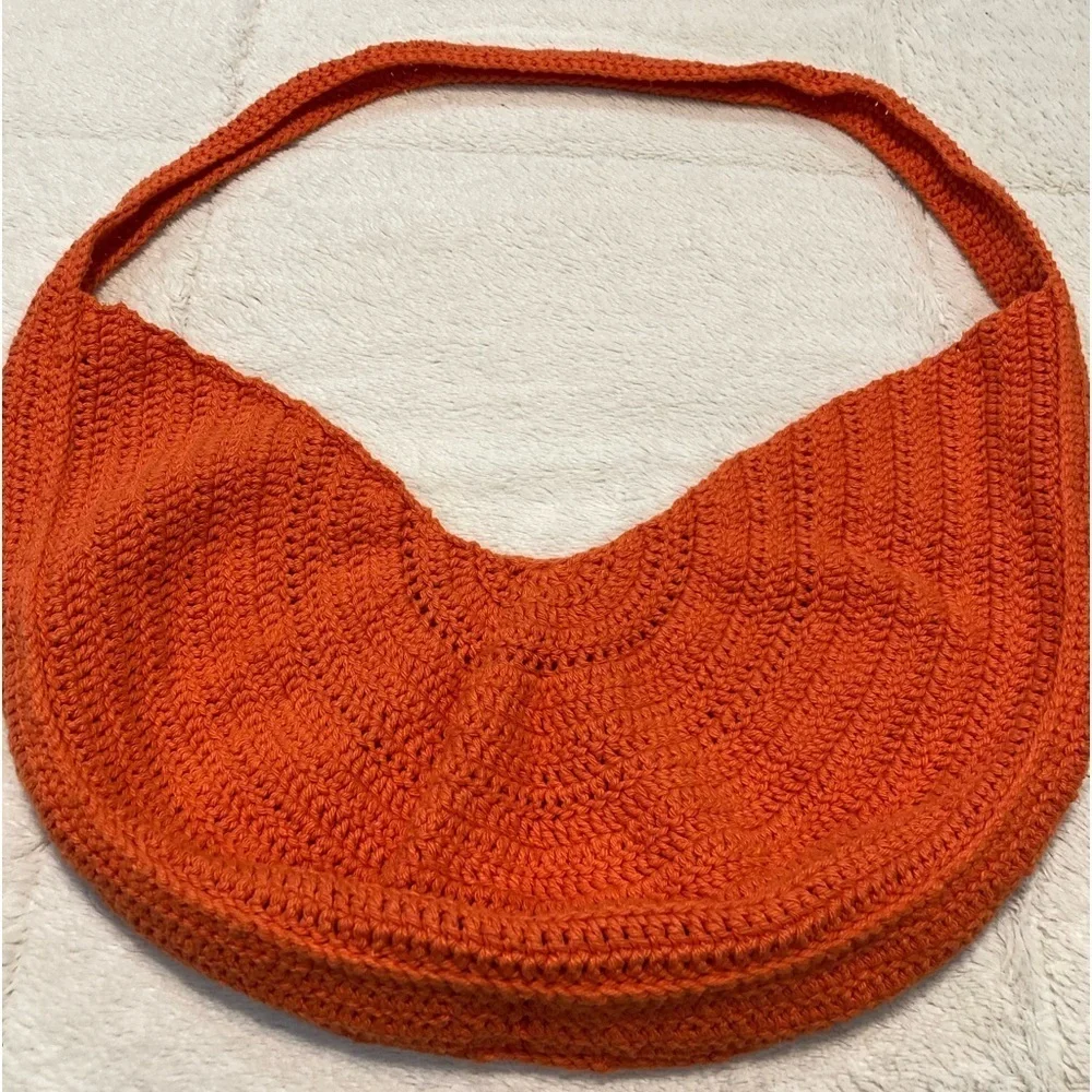 Hand Crafted, Crocheted Orange‎ Half Moon Bag EUC